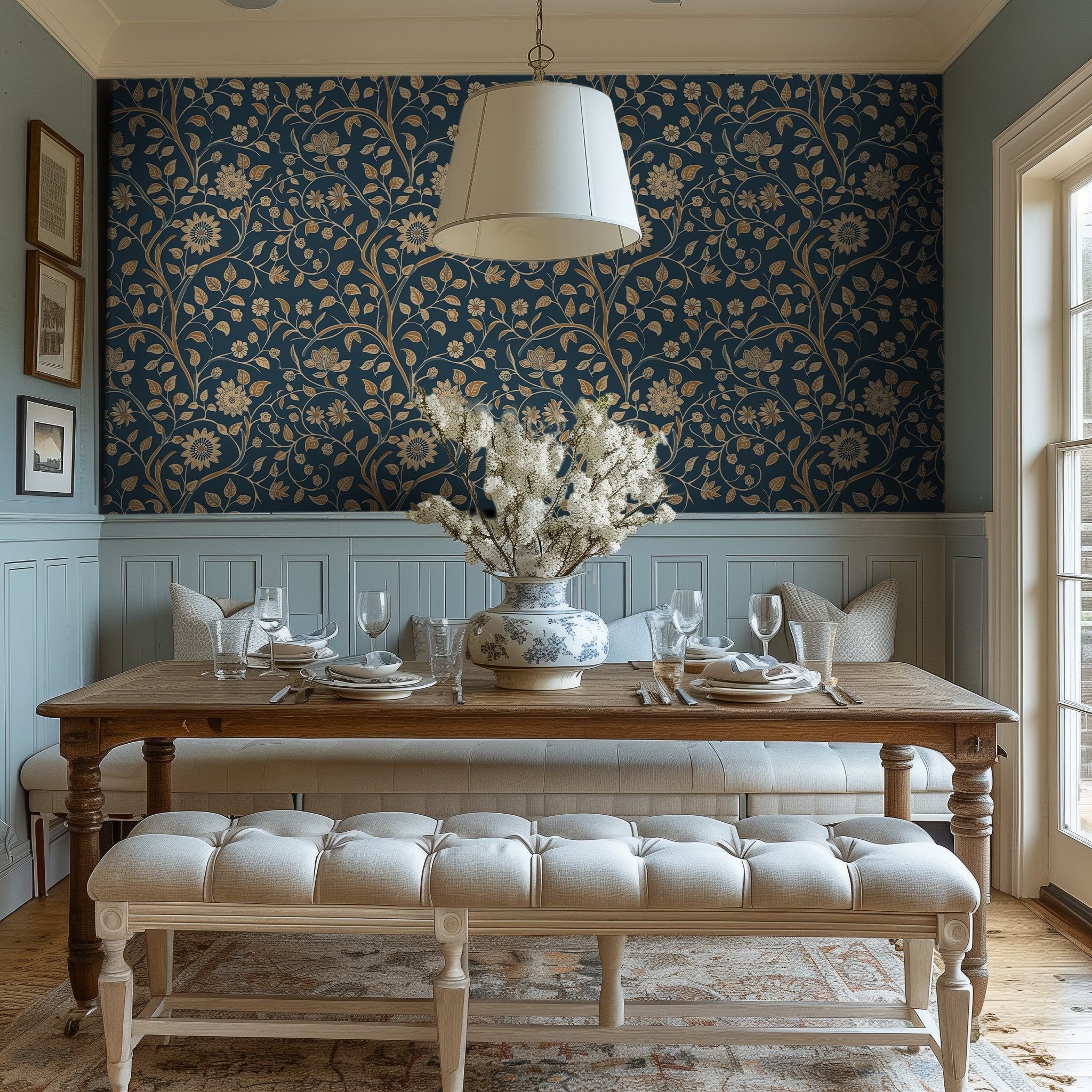 Papel tapiz Flores Doradas en Azul Petróleo