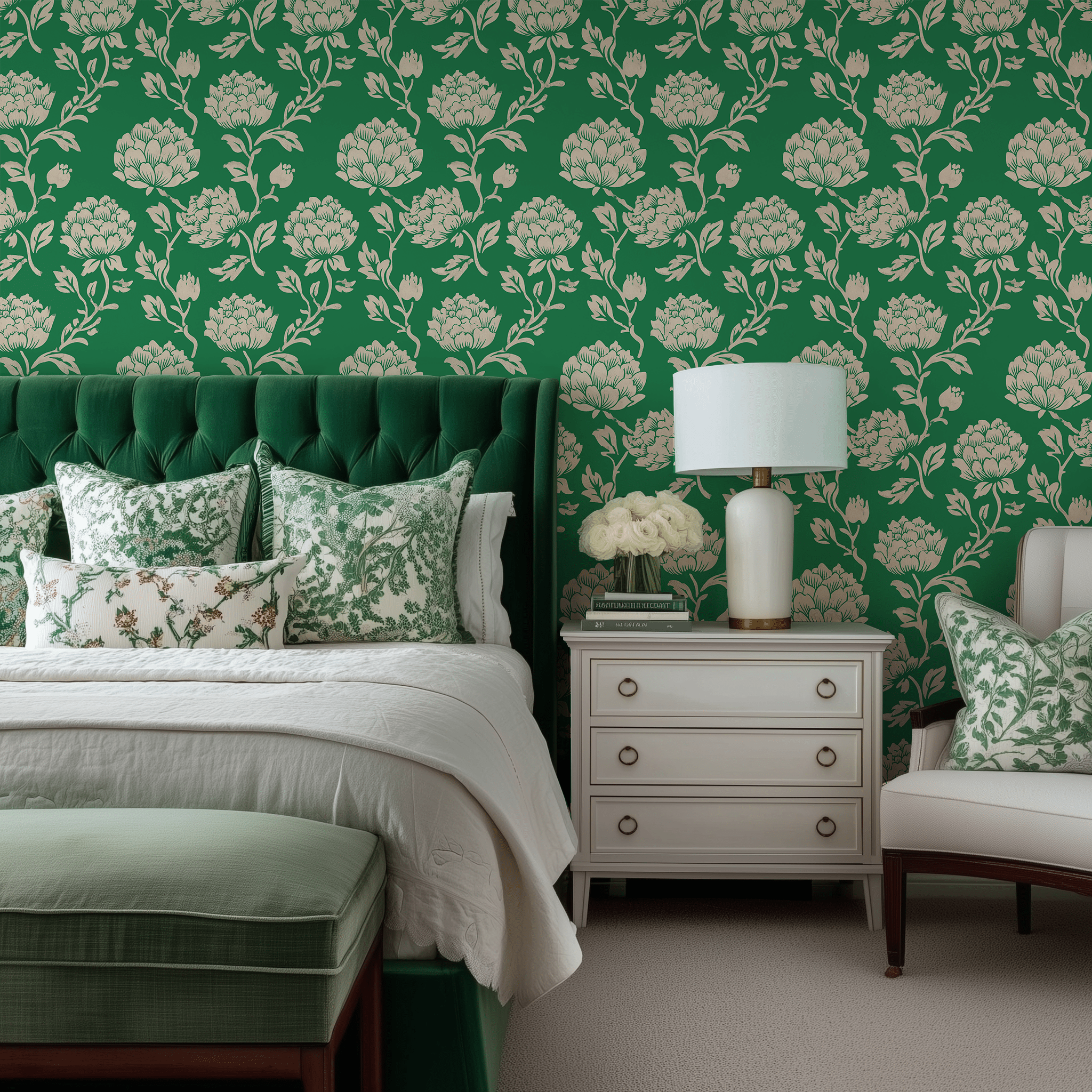 Papel tapiz Flores marfil sobre verde vivo
