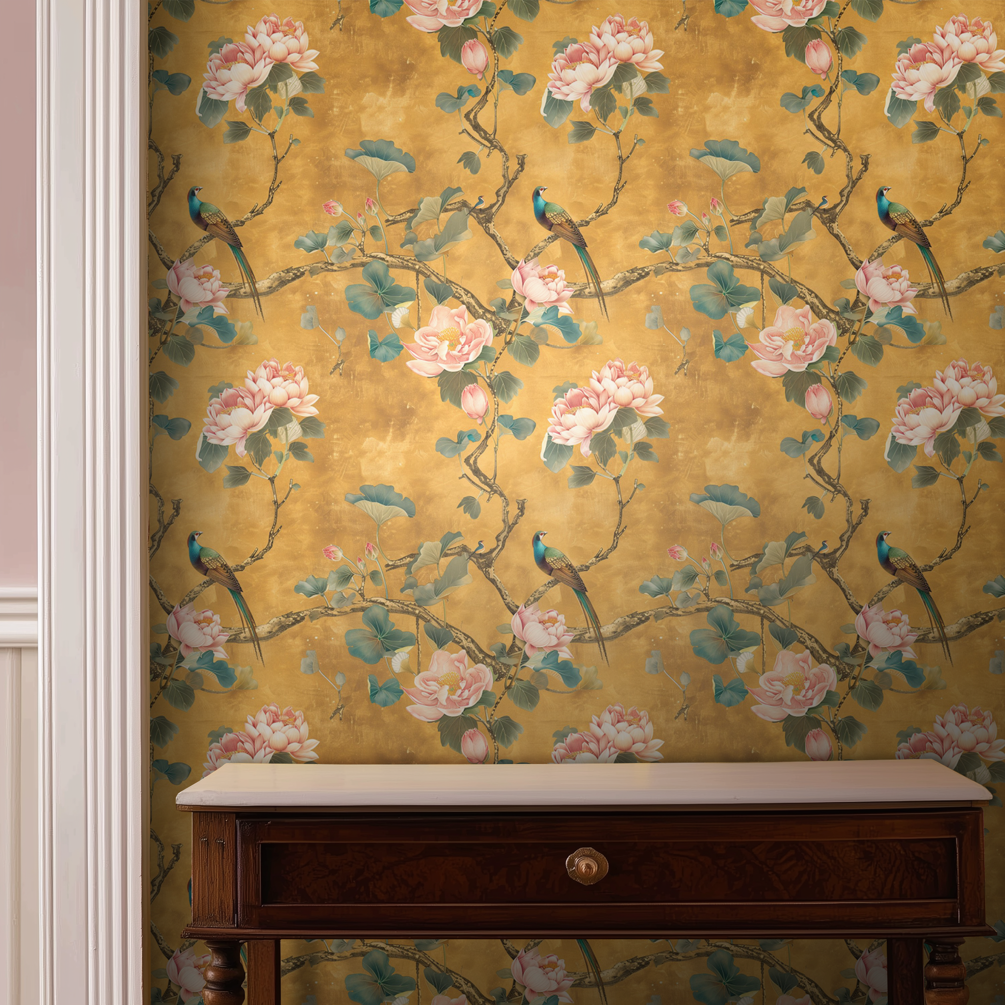 Papel tapiz Aves y flores sobre ocre