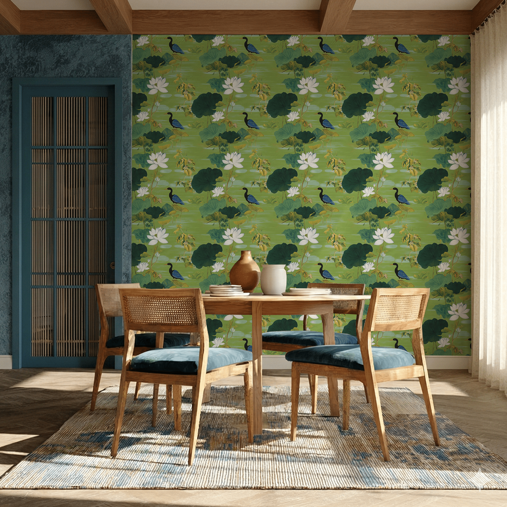 Papel tapiz Lotos y aves verdes Zhen