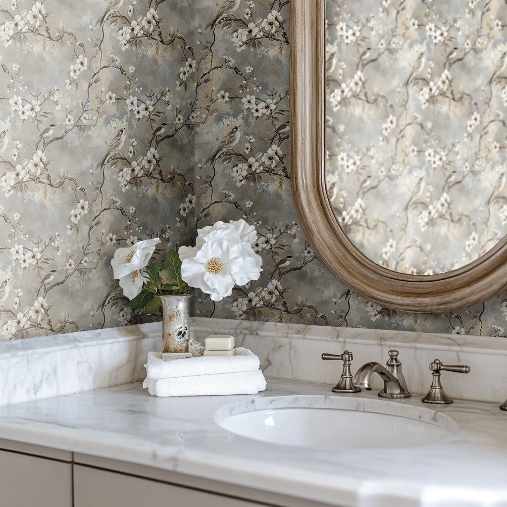Papel tapiz Aves y Flores Gris Perla