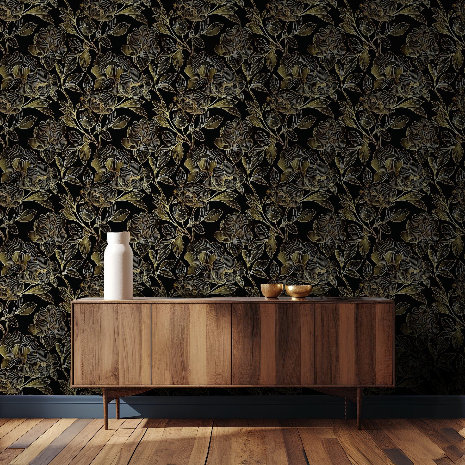 Papel tapiz Flores de Línea Oro y Negro