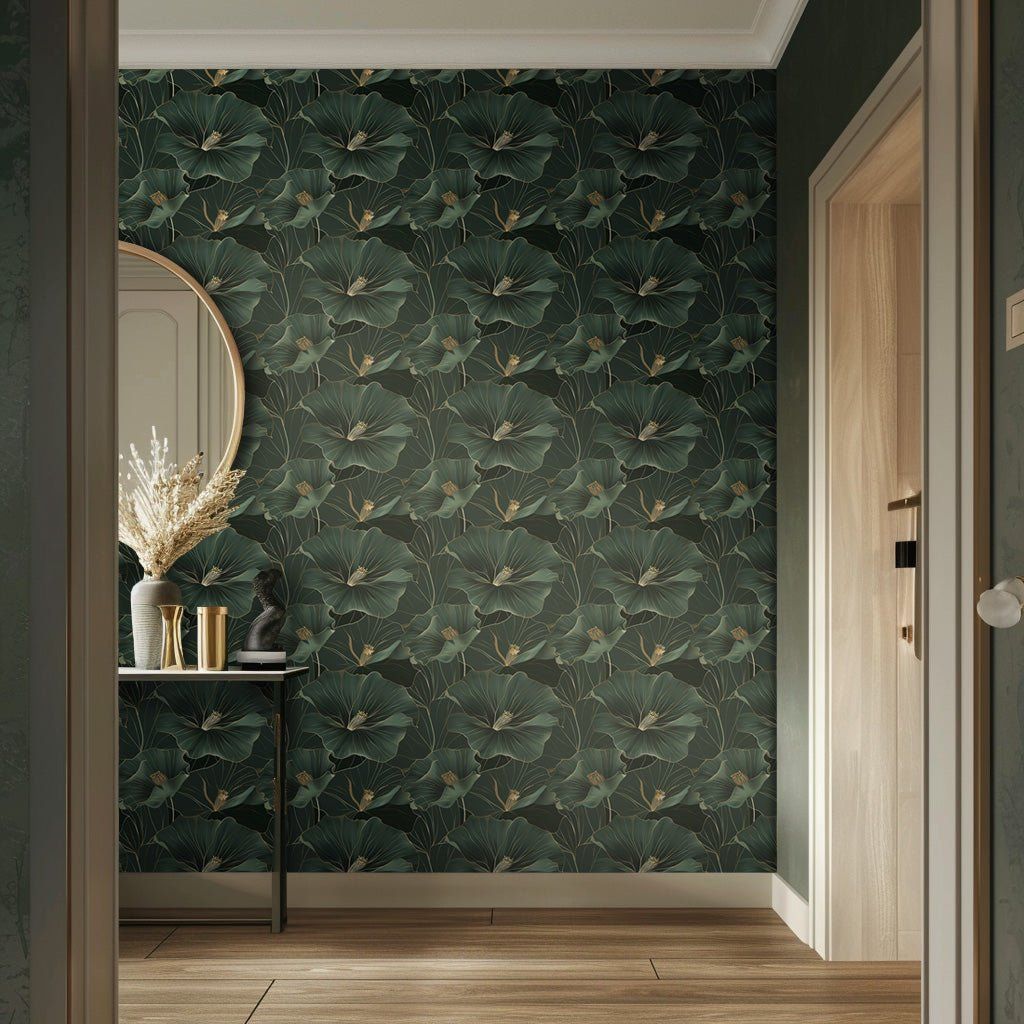 Papel tapiz Flores Doradas Verde Oscuro