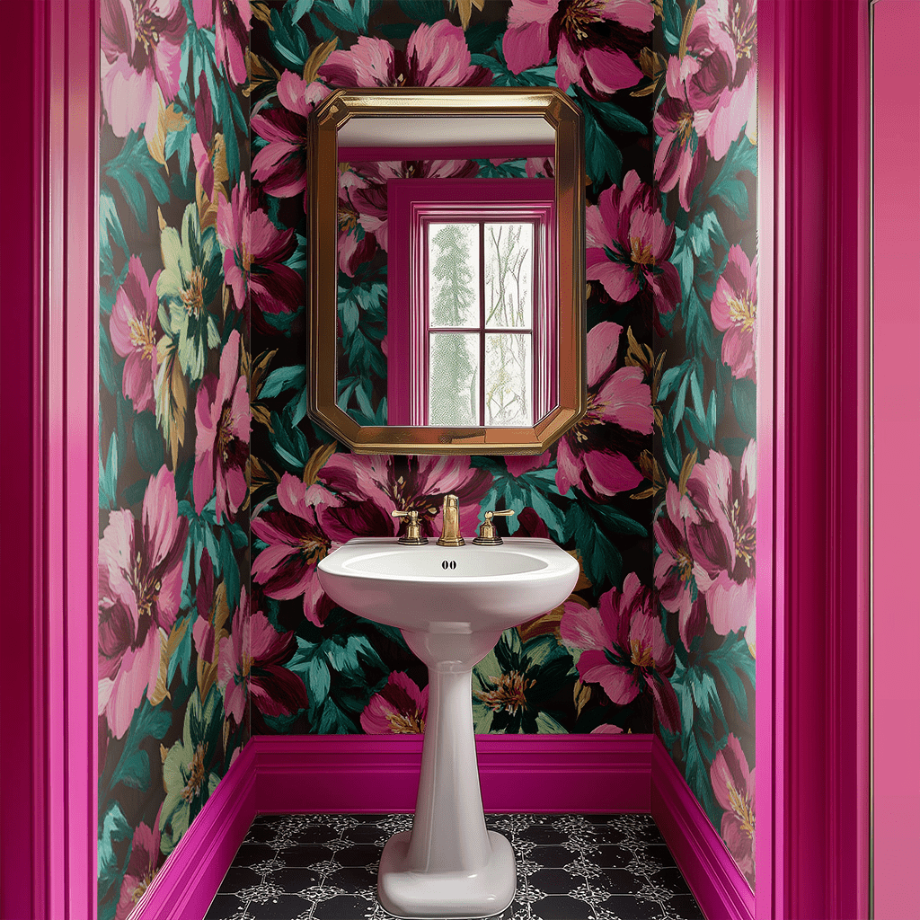 Papel tapiz Flores Fucsia y Hojas Aqua