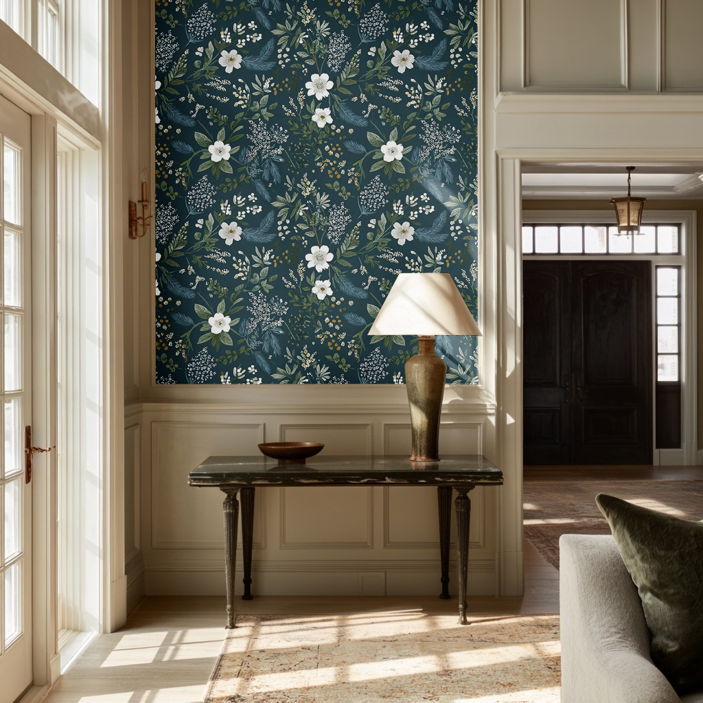 Papel tapiz Flores Blancas y Azul Petróleo