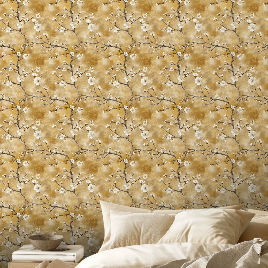 Papel tapiz Ramas de Flores Blancas y Ocre