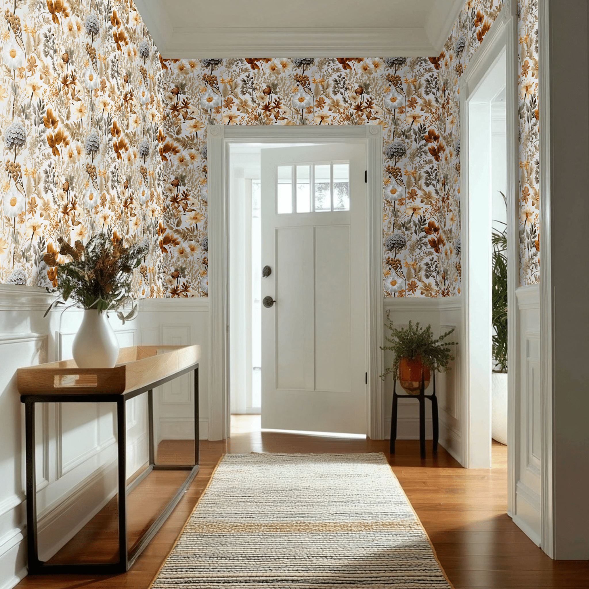 Papel tapiz Flores campestres crema y ocre