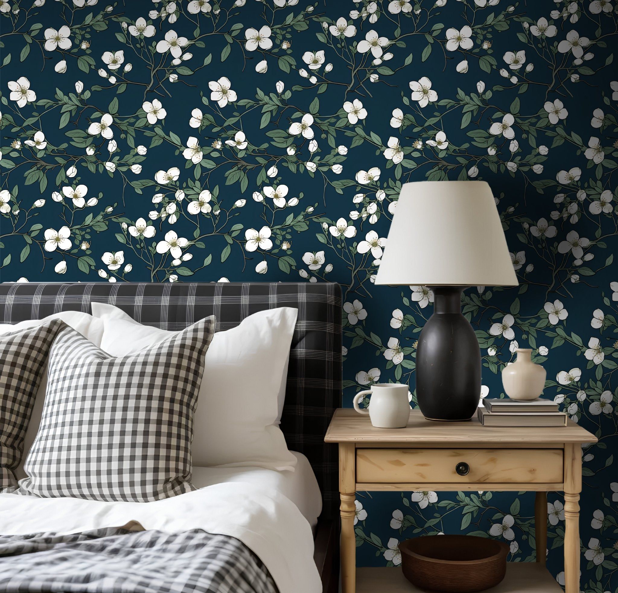 Papel tapiz Flores blancas sobre azul noche