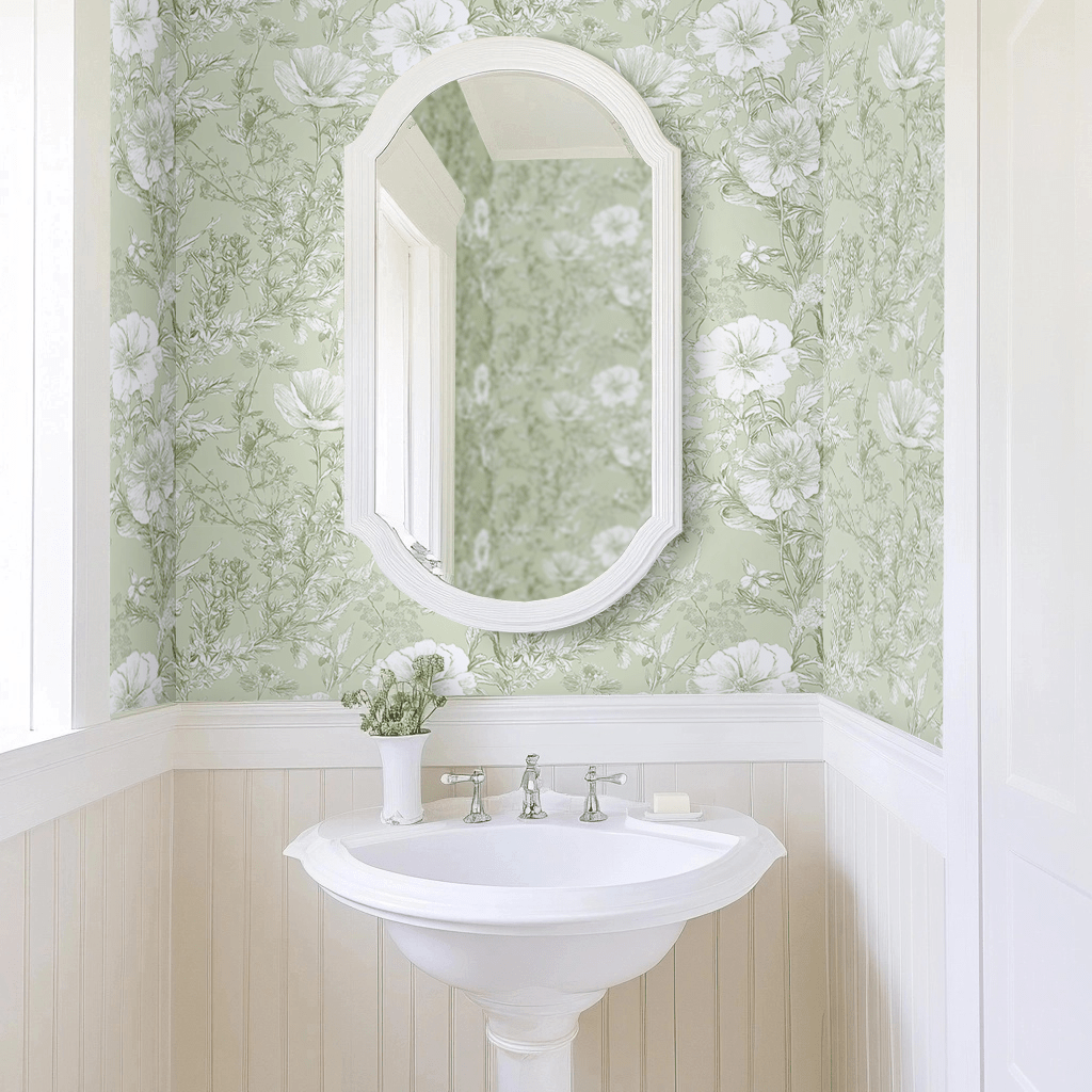 Papel tapiz Flores blancas sobre verde suave