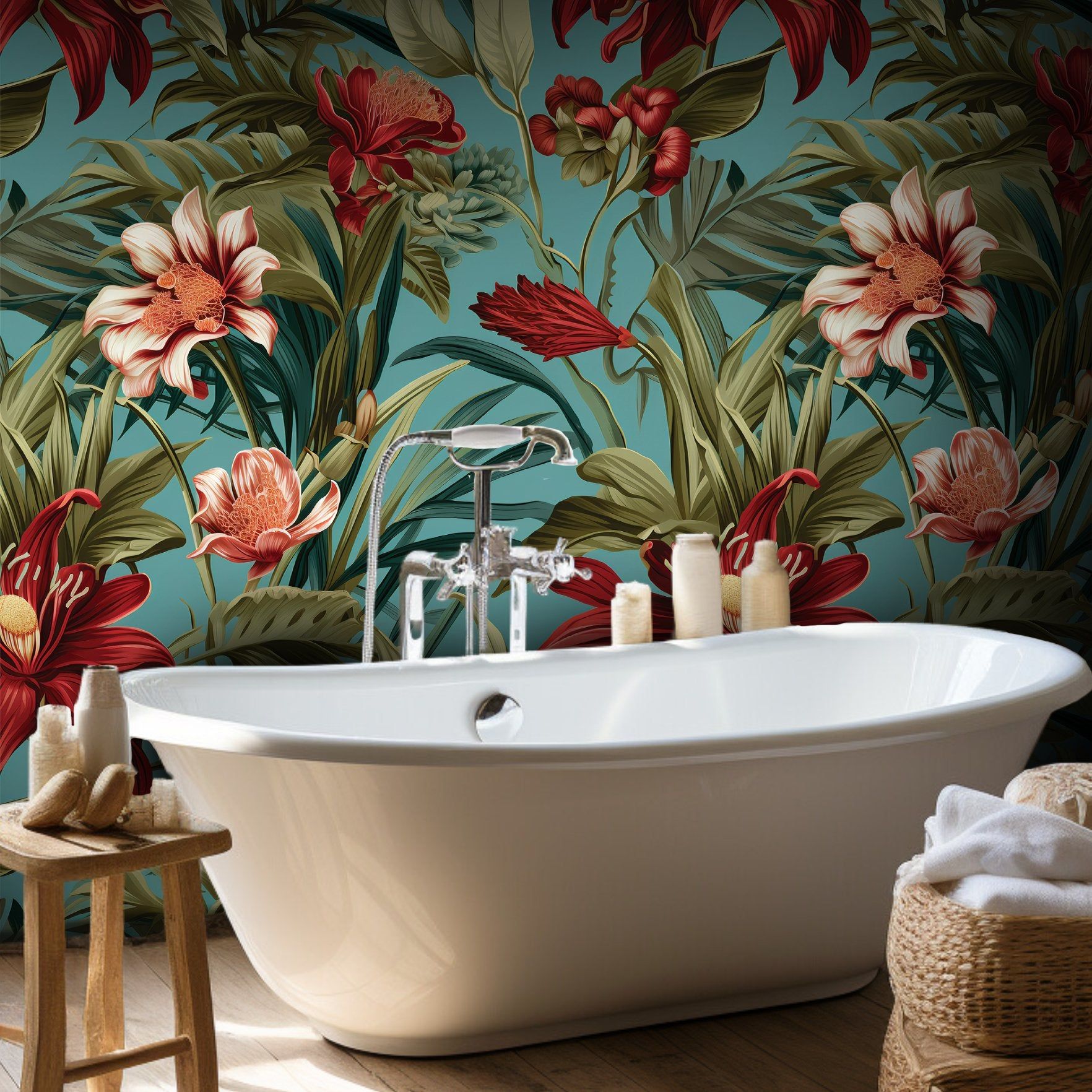 Papel tapiz Flores tropicales rojo y coral