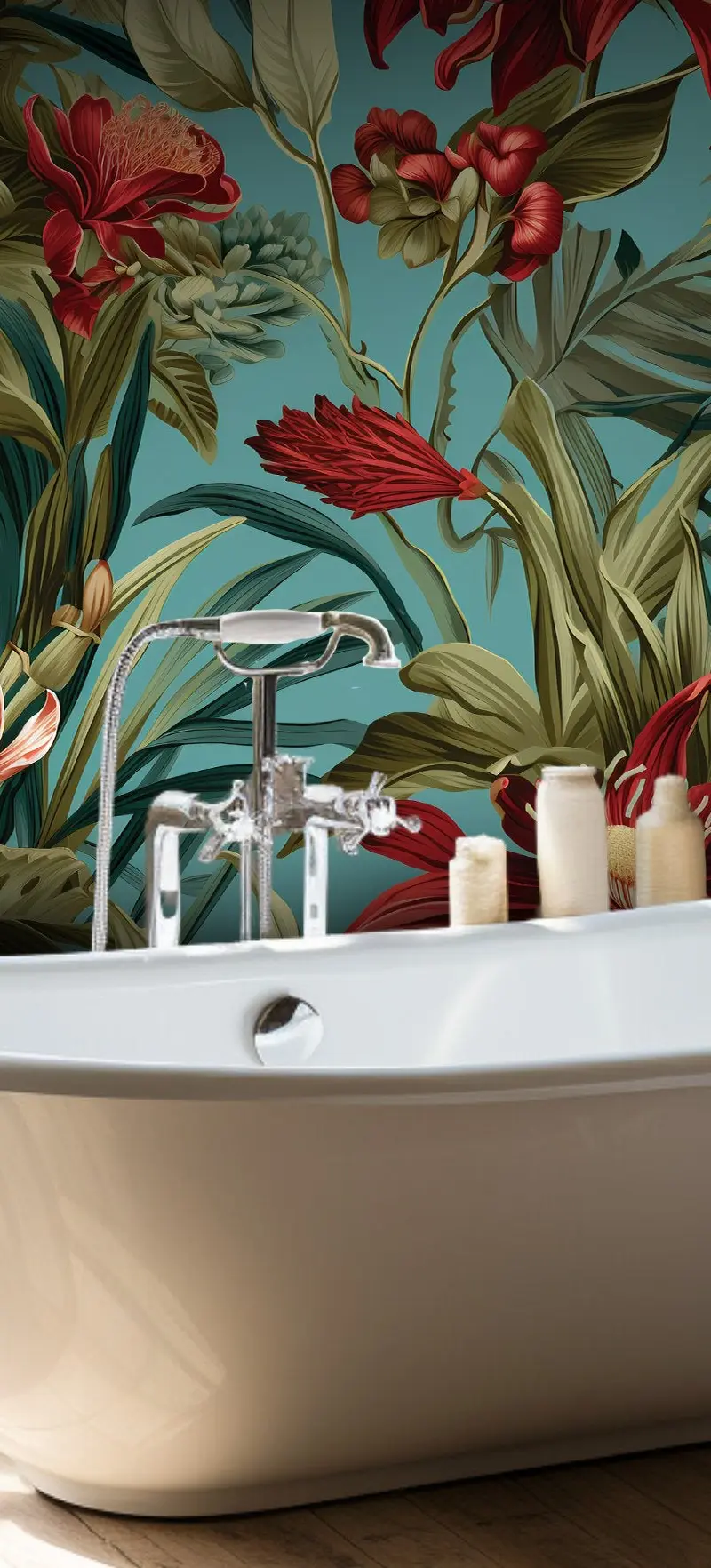 Papel tapiz Flores tropicales rojo y coral