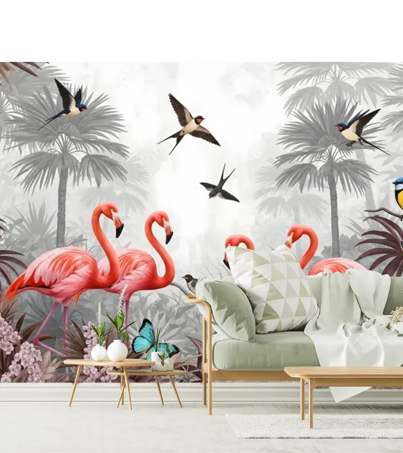 Mural Flamingos Paraíso Tropical en Vinil, Fotomural Decorativo Personalizado