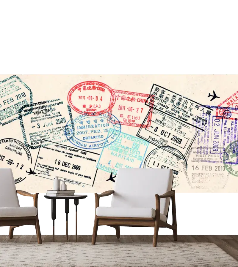 Mural Pasaportes del Mundo Vinil Arquitectónico para Sala, Recámara u Oficina