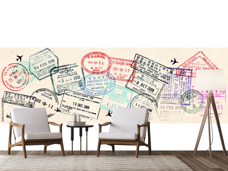 Mural Pasaportes del Mundo Vinil Arquitectónico para Sala, Recámara u Oficina