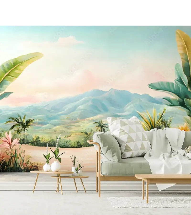 Mural Amanecer Tropical Montañas – Fotomural en Vinil o Papel Tapiz Decorativo