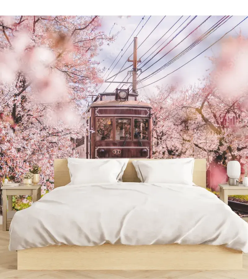 Mural Sakura Nostálgica en Tren - Fotomural Decorativo Personalizable