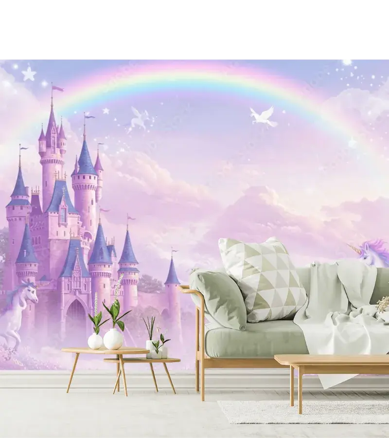 Mural Castillo de Ensueño con Unicornios – Fotomural para recámara infantil en vinil o papel tapiz