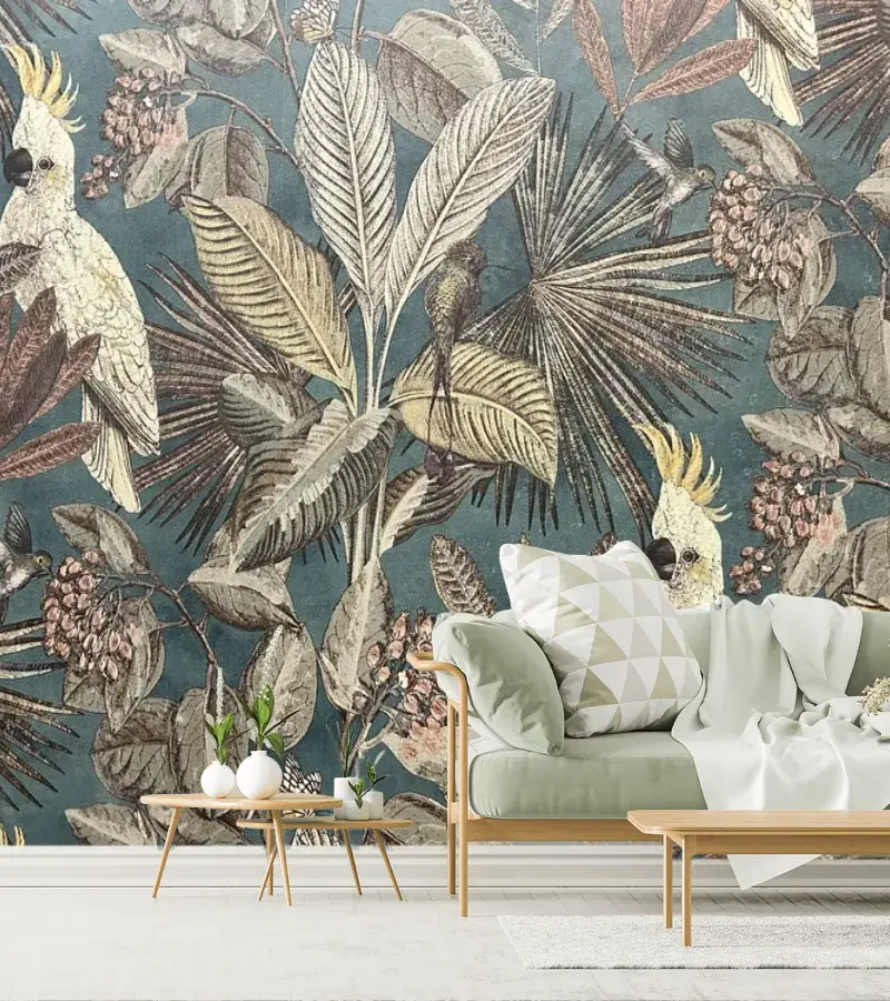 Mural Tropicóctel con Cacatúas para Sala o Recámara – Vinil, Papel Tapiz y Contract
