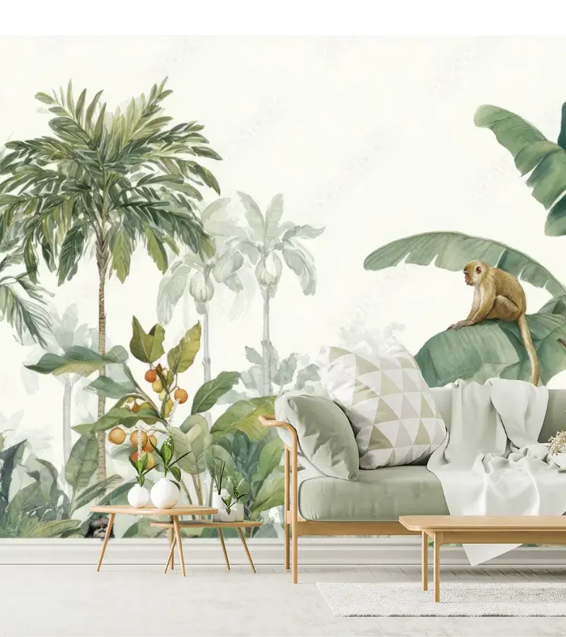 Mural Tropical Monos y Palmeras Vinil Arquitectónico