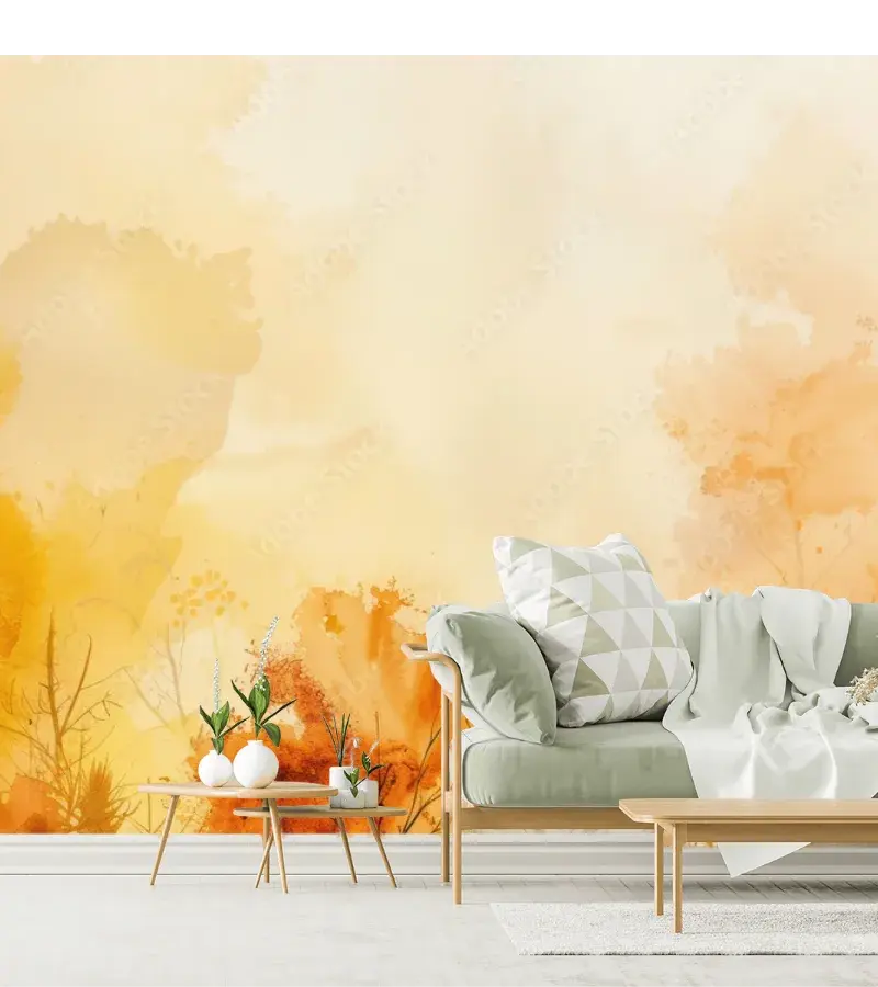 Mural Otoño Dorado Bosque Acuarela para Pared Vinil Arquitectónico