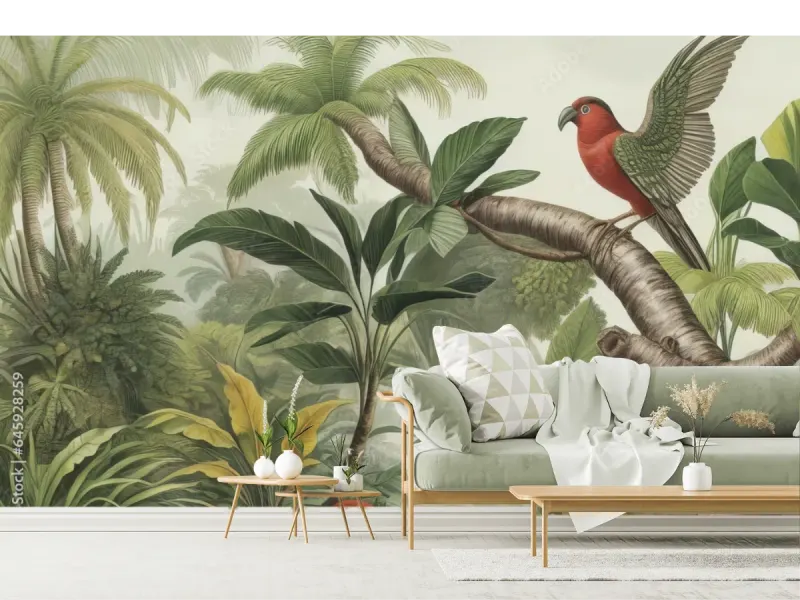 Mural Bosque Tropical Paraíso con Ave Roja | Vinil, Tapiz Liso o Texturizado