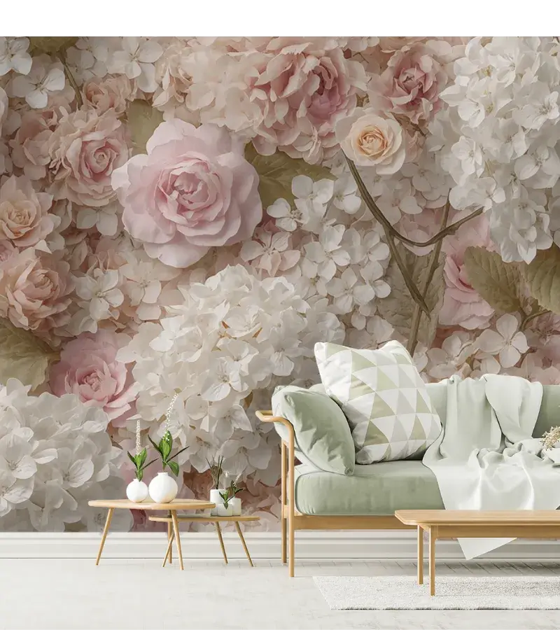 Mural Rosas & Hidrangeas Encanto Floral - Fotomural Decorativo Vinil o Papel Tapiz