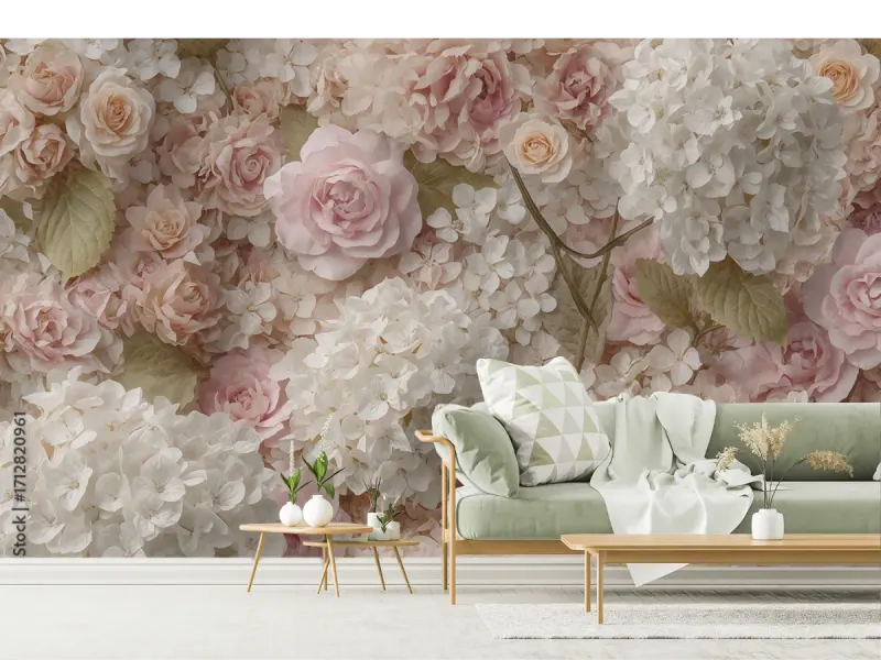 Mural Rosas & Hidrangeas Encanto Floral - Fotomural Decorativo Vinil o Papel Tapiz