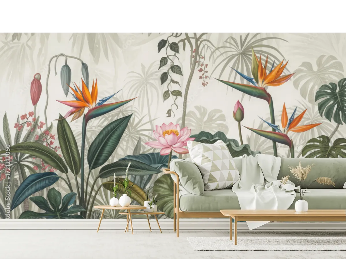 Modelo Mural Paraíso Tropical Exótico Vinil Arquitectónico y Papel Tapiz
