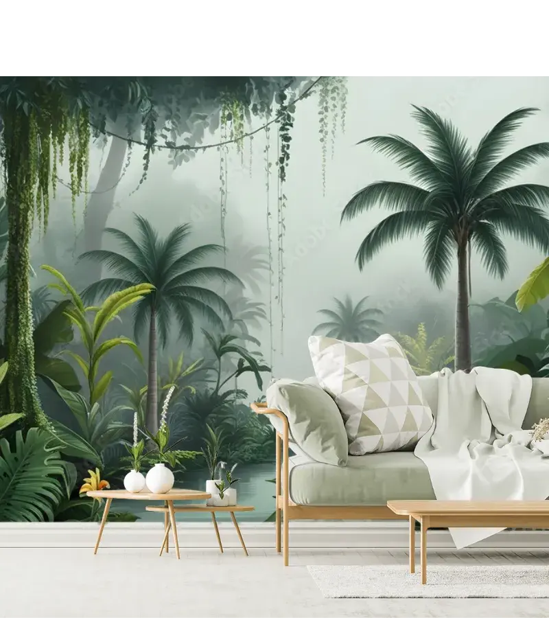 Mural Palmar Escondido Selva Tropical para Decoración de Sala
