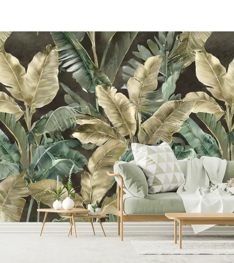 Mural Hojas Tropicales Escapada Botánica en Vinil o Papel Tapiz Decorativo