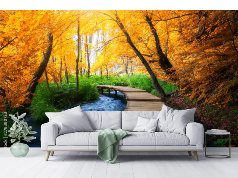 Mural Camino Dorado de Otoño - Fotomural Decorativo para Sala en Vinil o Papel Tapiz