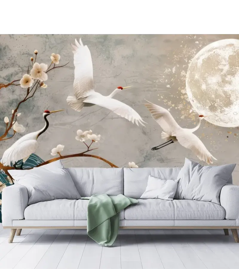 Mural Grullas Lunares Zen para decoración de sala o recámara