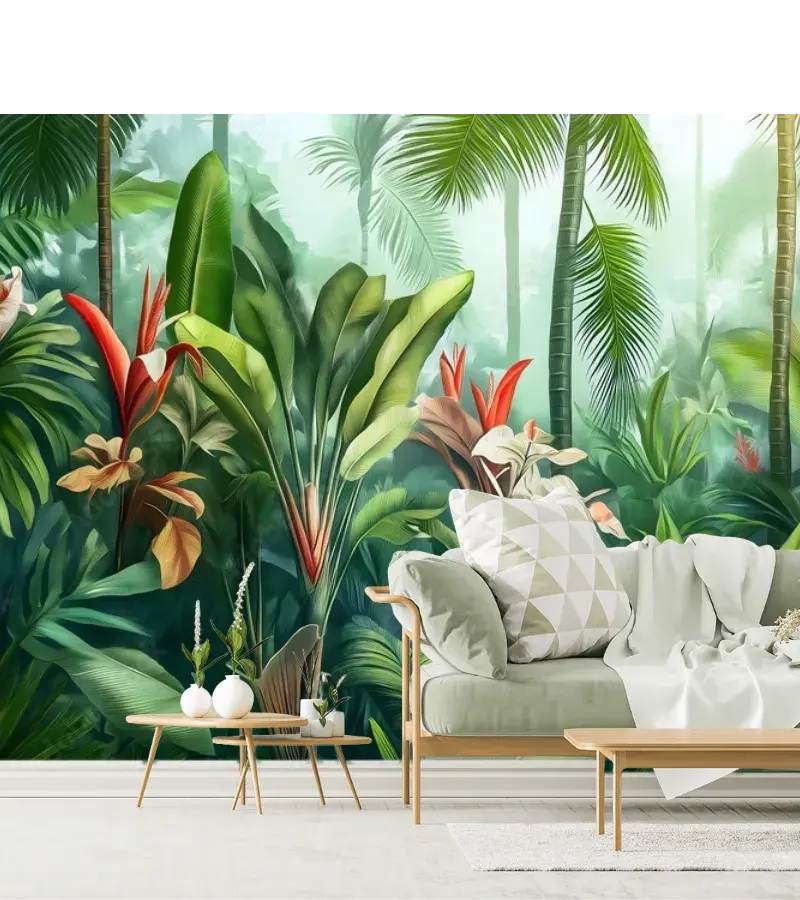 Mural Bosque Tropical Encantado para sala, Vinil Arquitectónico o Tapiz