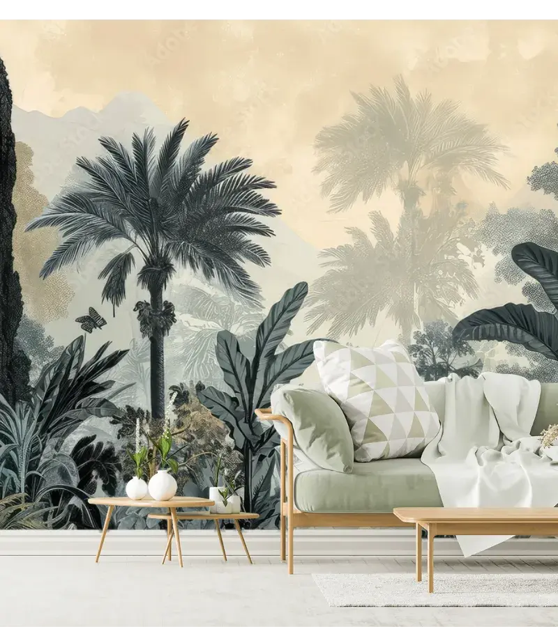 Mural Oasis Tropical Neblina – Fotomural para Decoración de Sala en Vinil Arquitectónico