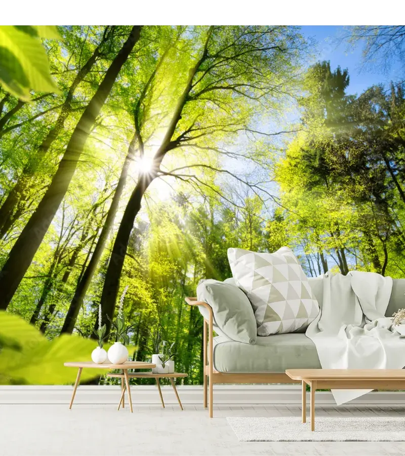 Mural Bosque Brillante Modelo Amanecer Verde para Decoración de Sala
