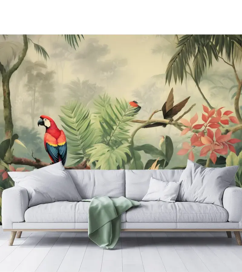 Mural Bosque Tropical Aves Exóticas Vinil Arquitectónico o Papel Tapiz