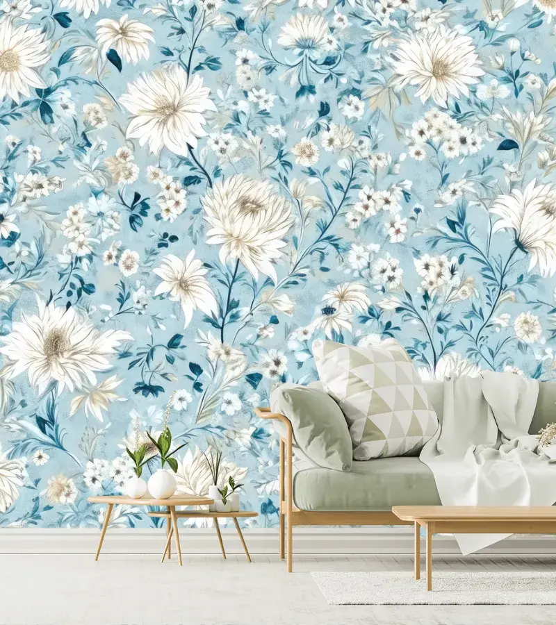 Mural Floral Azul Celeste Modelo Sueño de Primavera en Vinil o Papel Tapiz