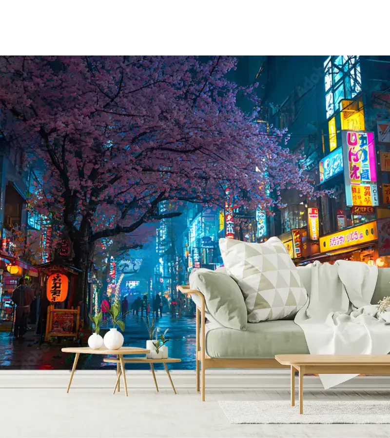 Mural Sakura Nocturno en Tokio para paredes - Vinil Arquitectónico