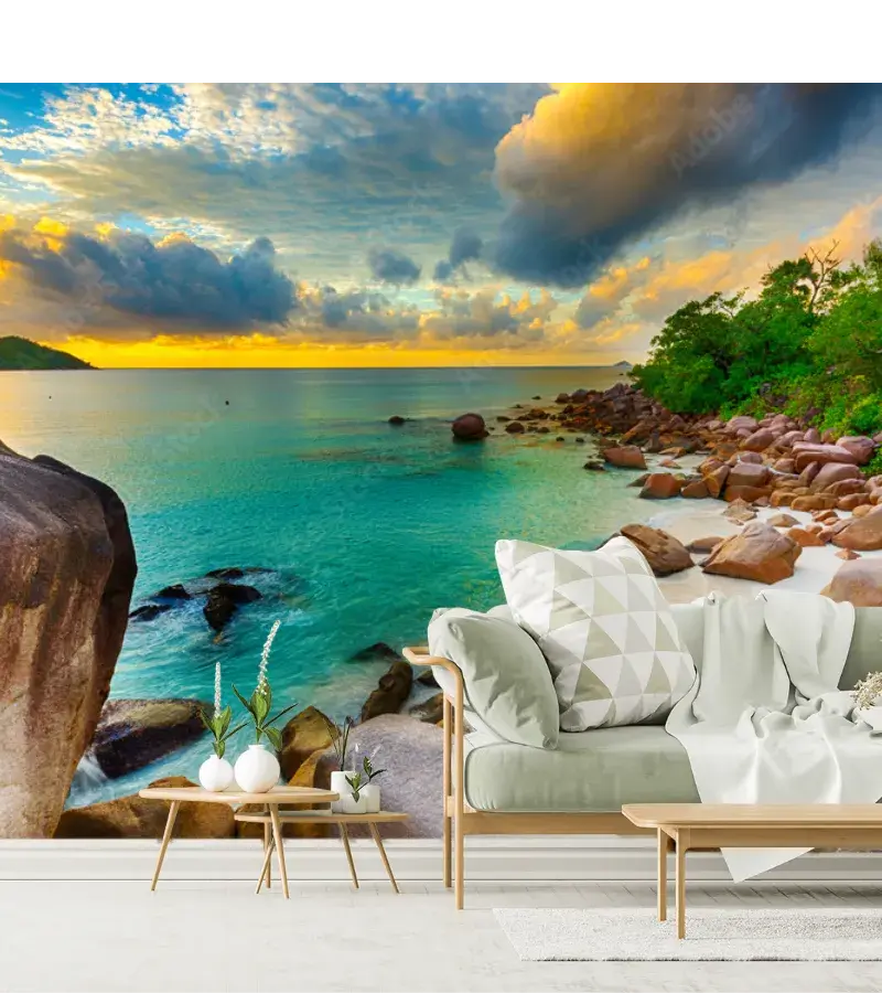 Mural Paraíso Esmeralda Amanecer – Fotomural panorámico de playa para decoración de sala o recámara