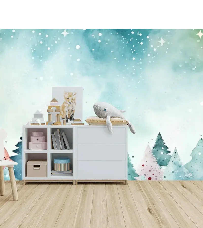Mural Bosque Nevado Acuarela para Decoración de Sala y Recámara - Vinil Arquitectónico, Papel Tapiz