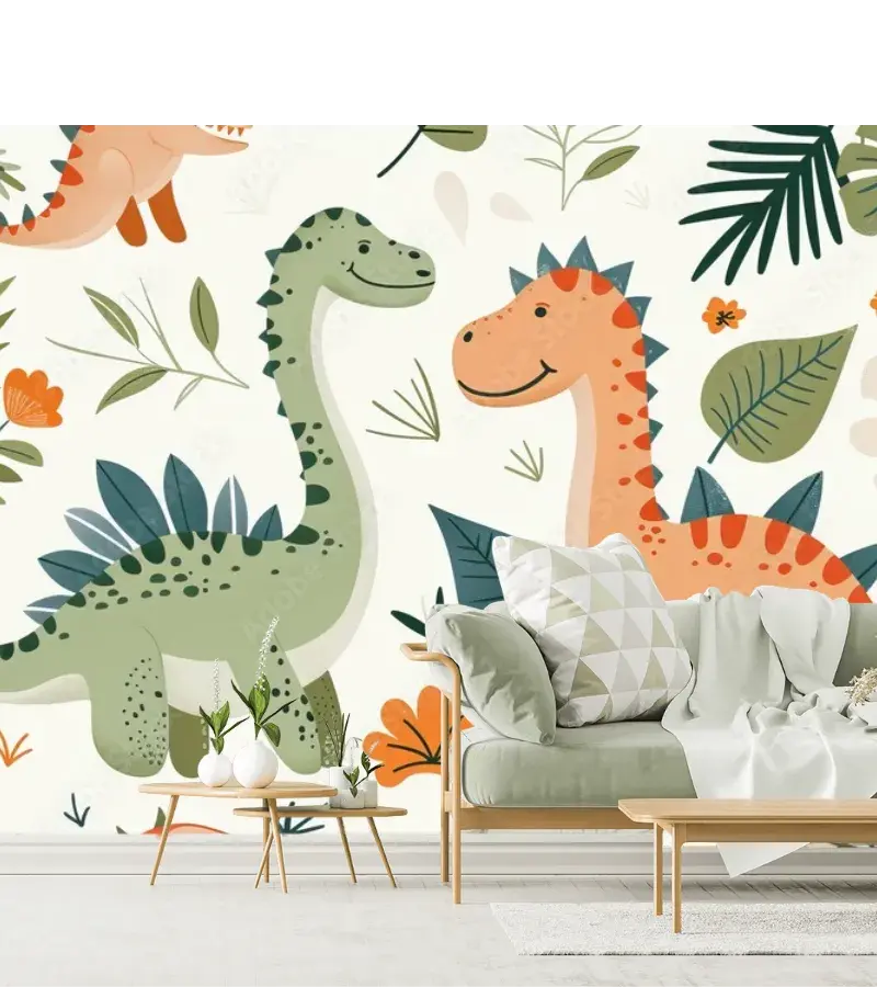 Fotomural Infantil Dino Aventura Verde-Naranja personalizado