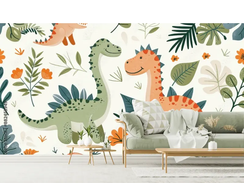 Fotomural Infantil Dino Aventura Verde-Naranja personalizado | Vinil y Papel Tapiz