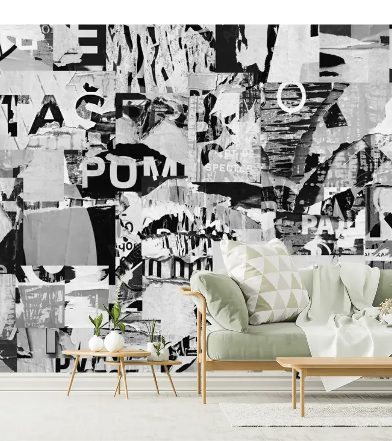 Mural Abstracto Urbano Caos en Blanco y Negro para Decoración de Pared