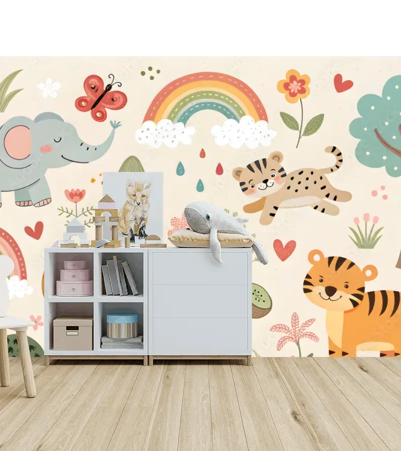 Mural Infantil Safari Arcoíris – Decoración de Pared para Cuarto de Niños