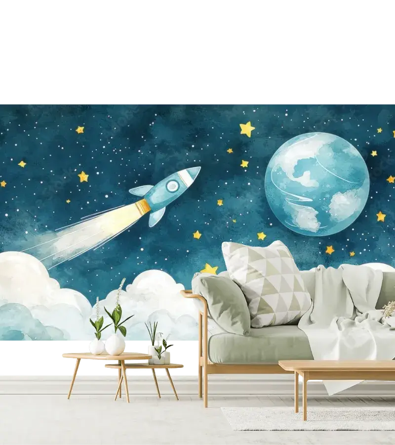 Mural Viaje Galáctico Cohete para Niños en Vinil Arquitectónico