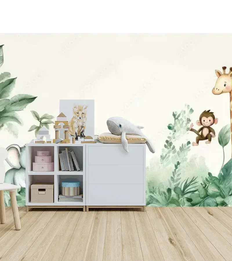 Mural Safari Infantil Animales en la Selva para Decoración de Cuarto
