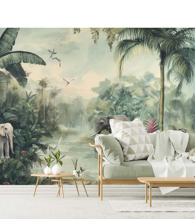 Mural Elefantes en la Jungla Exuberante – Fotomural Decorativo para Sala en Vinil o Papel Tapiz