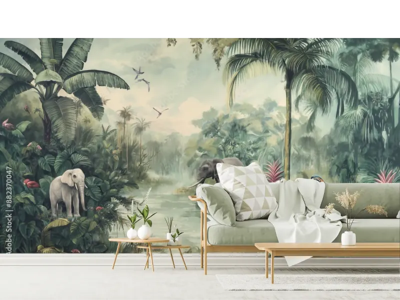 Mural Elefantes en la Jungla Exuberante – Fotomural Decorativo para Sala en Vinil o Papel Tapiz
