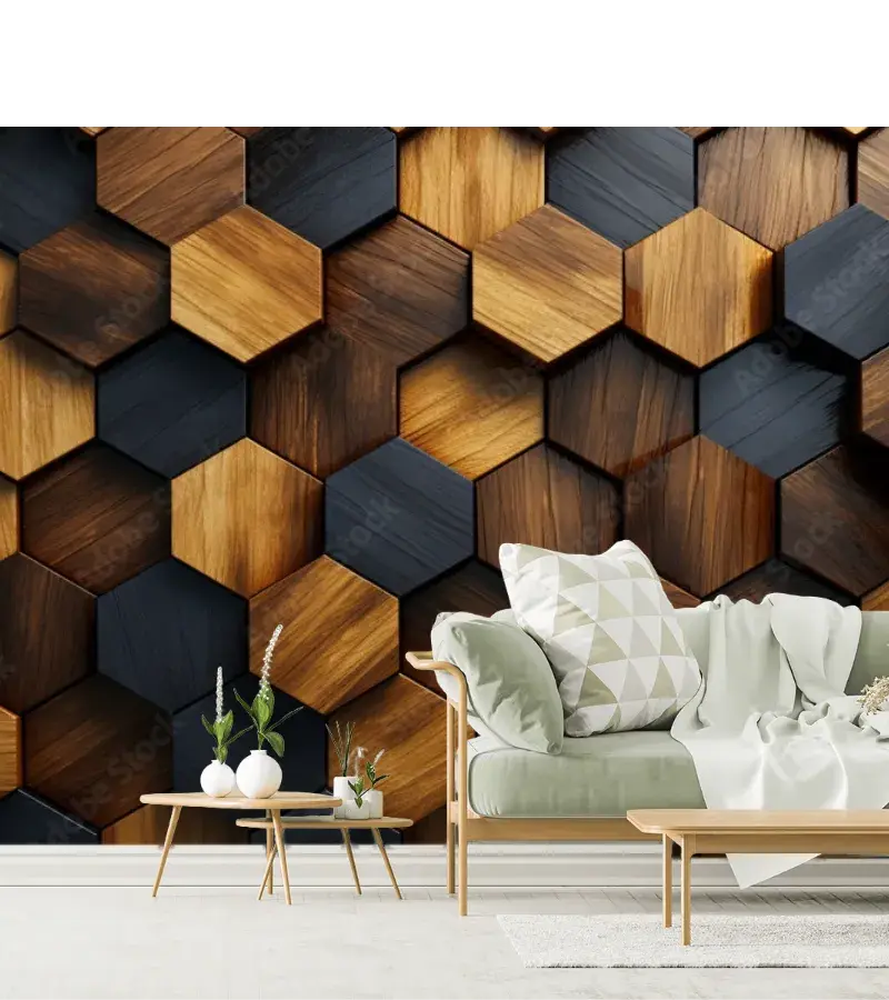 Mural Hexágonos Ébano y Nogal Moderno para Decoración Interior