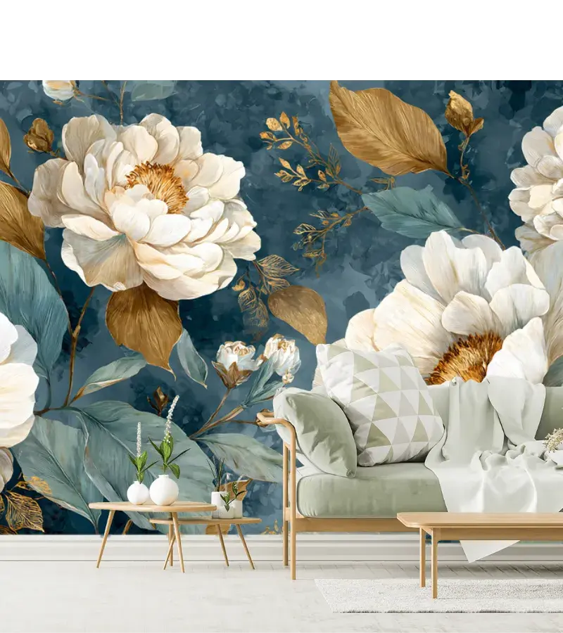 Mural Magnolias Dauradas para Sala en Vinil Arquitectónico o Tapiz